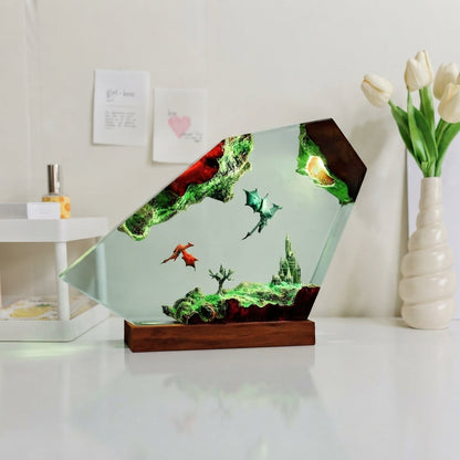 Flying Dragons Over Castle Epoxy Resin Lamp.