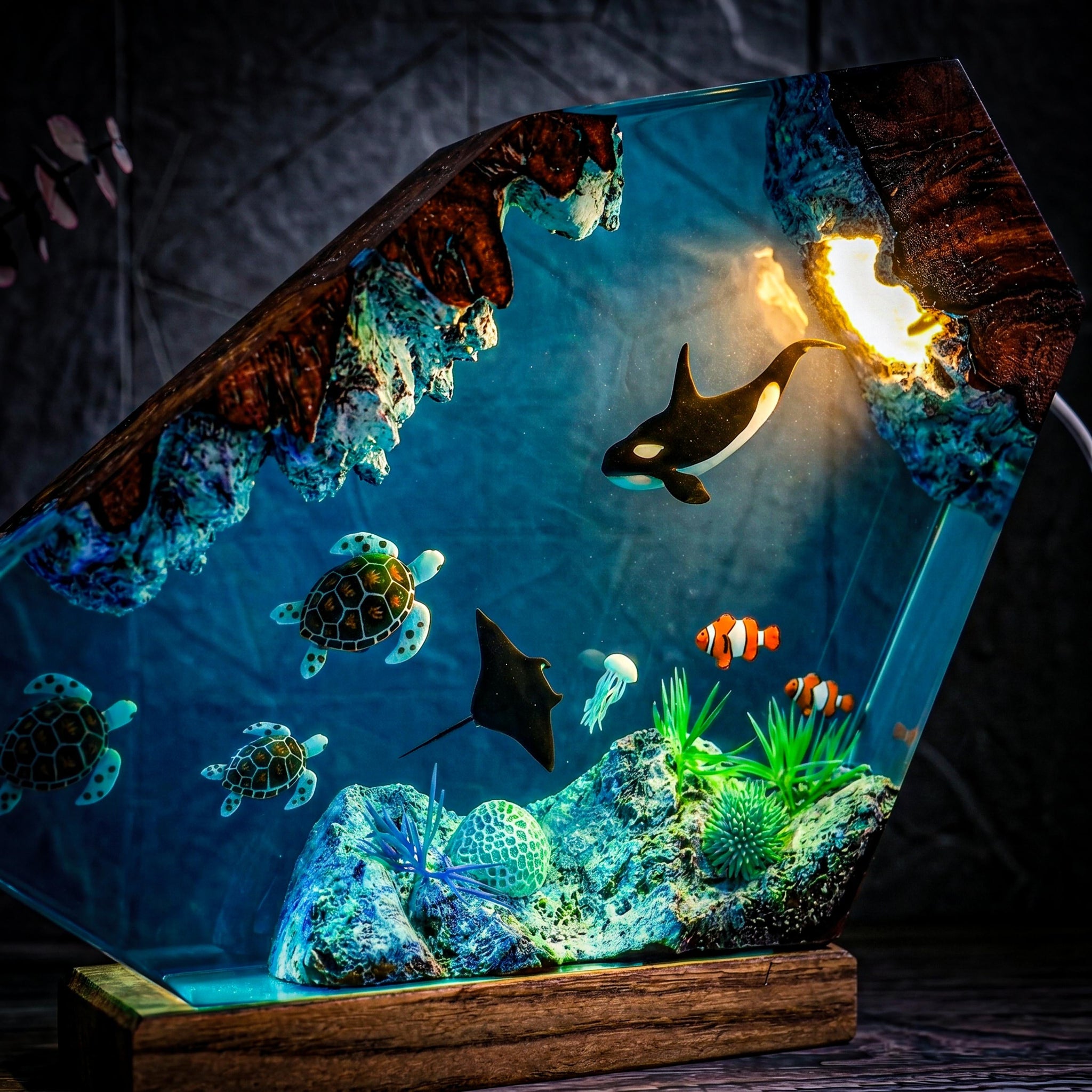 Humpback Whale & Sea Turtle Geometric Epoxy Resin Night Light