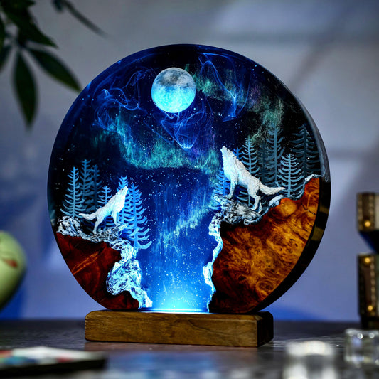 Howling Wolf Full Moon Aurora Epoxy Resin Night Light
