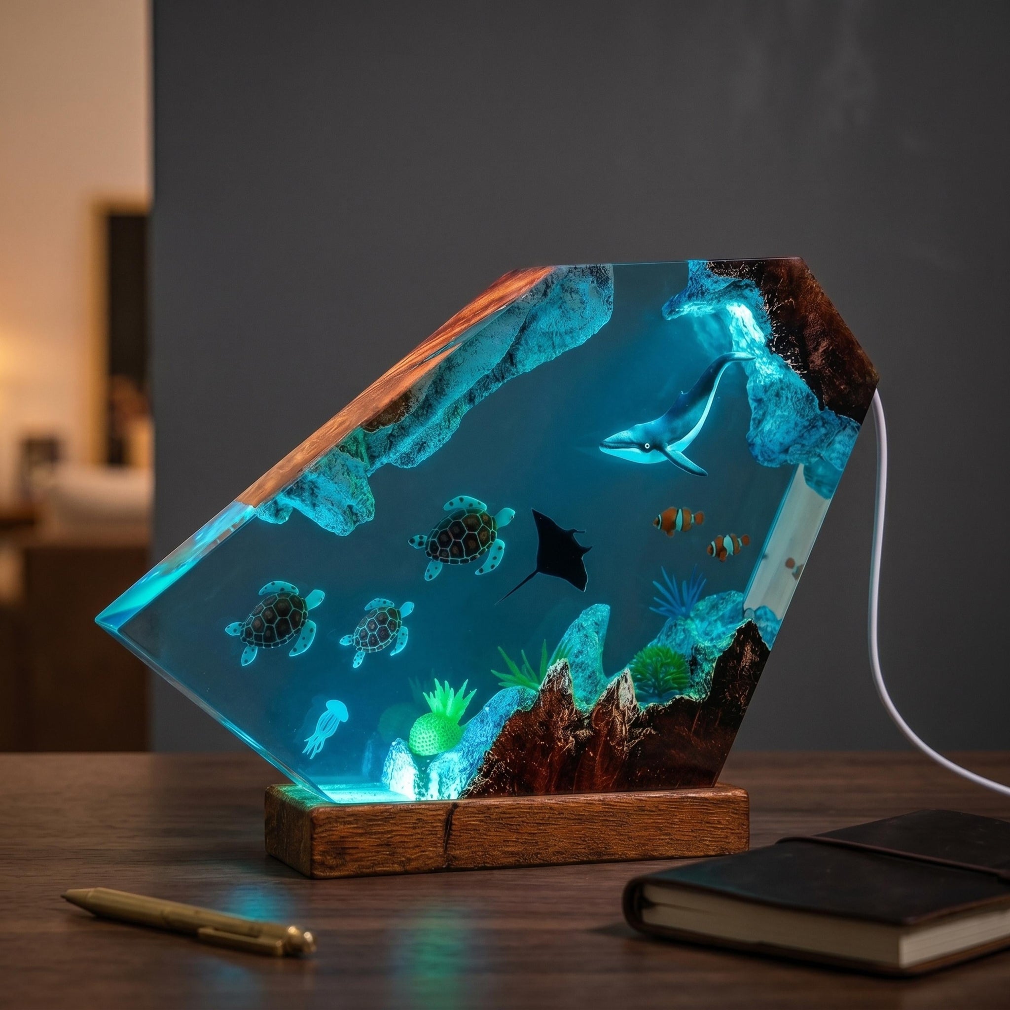 Humpback Whale & Sea Turtle Geometric Epoxy Resin Night Light