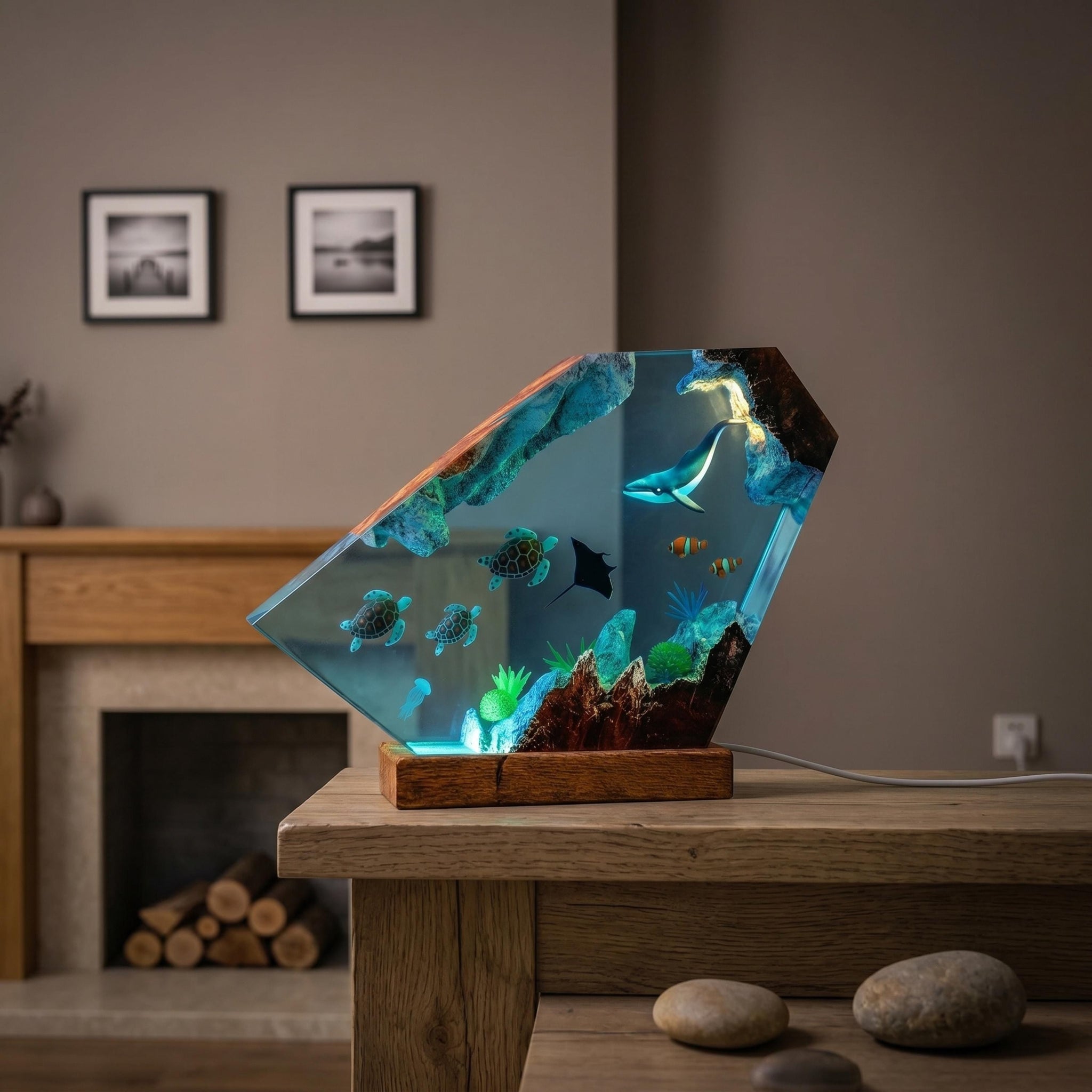 Humpback Whale & Sea Turtle Geometric Epoxy Resin Night Light