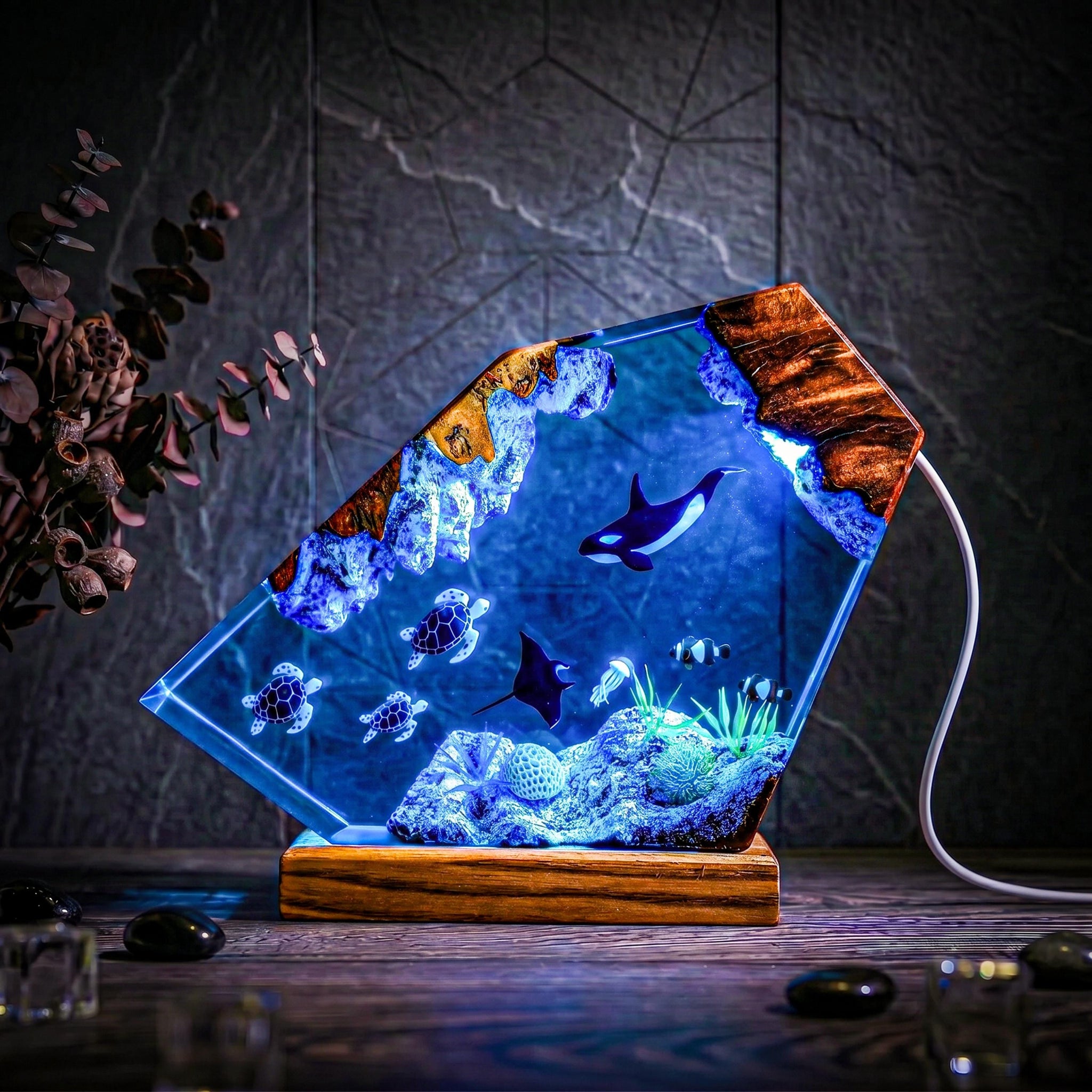 Humpback Whale & Sea Turtle Geometric Epoxy Resin Night Light