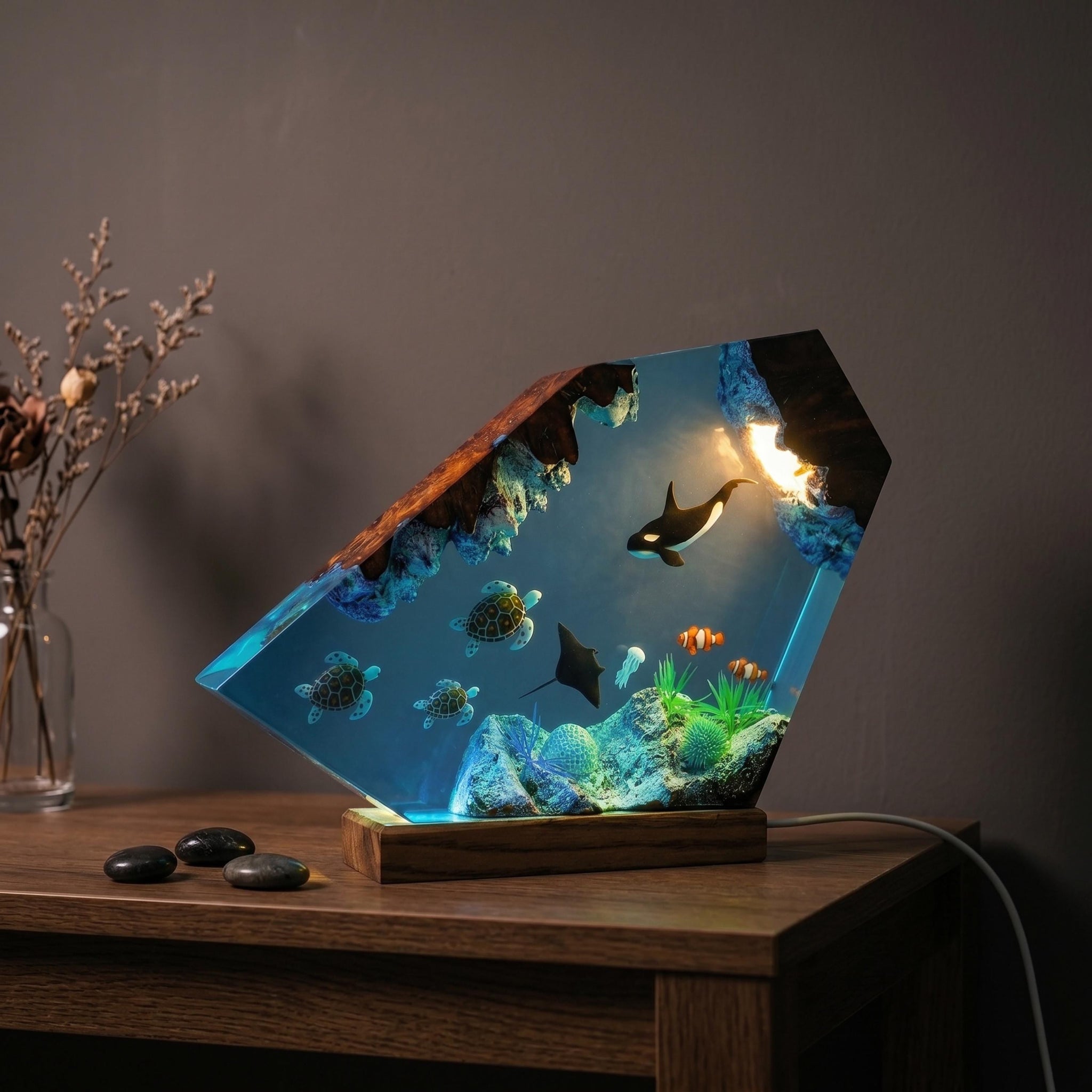 Humpback Whale & Sea Turtle Geometric Epoxy Resin Night Light