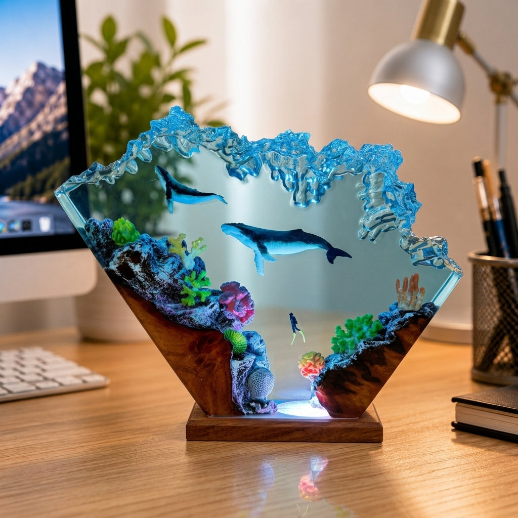 Humpback whale and diver night light
