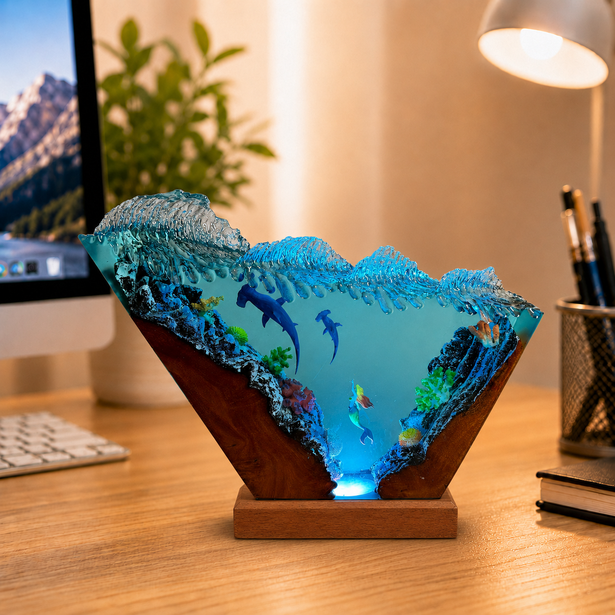 Hammerhead shark and diver night light -  Ocean Lamp