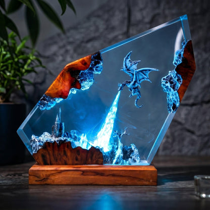 Handmade Ice Dragon Resin Night Light - Fantasy Castle Diorama