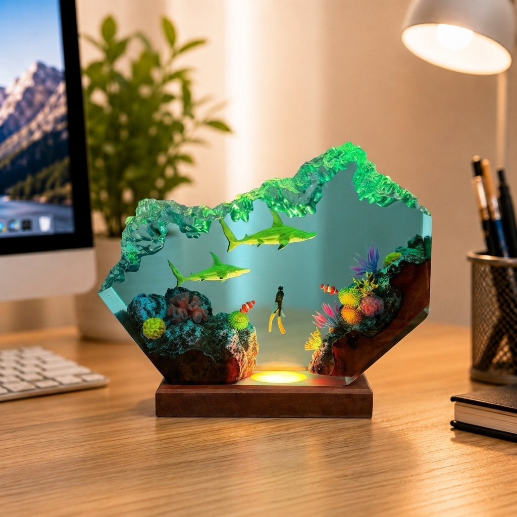 Great White Shark and Diver Night Light – Ocean Lamp