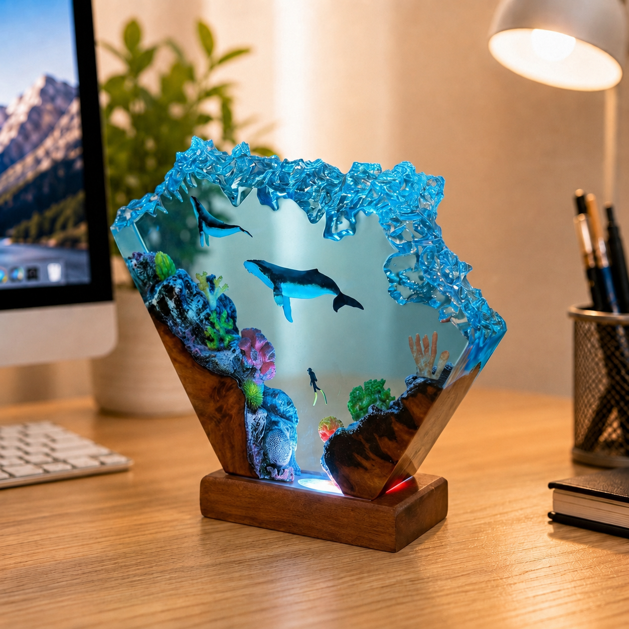 Humpback whale and diver night light