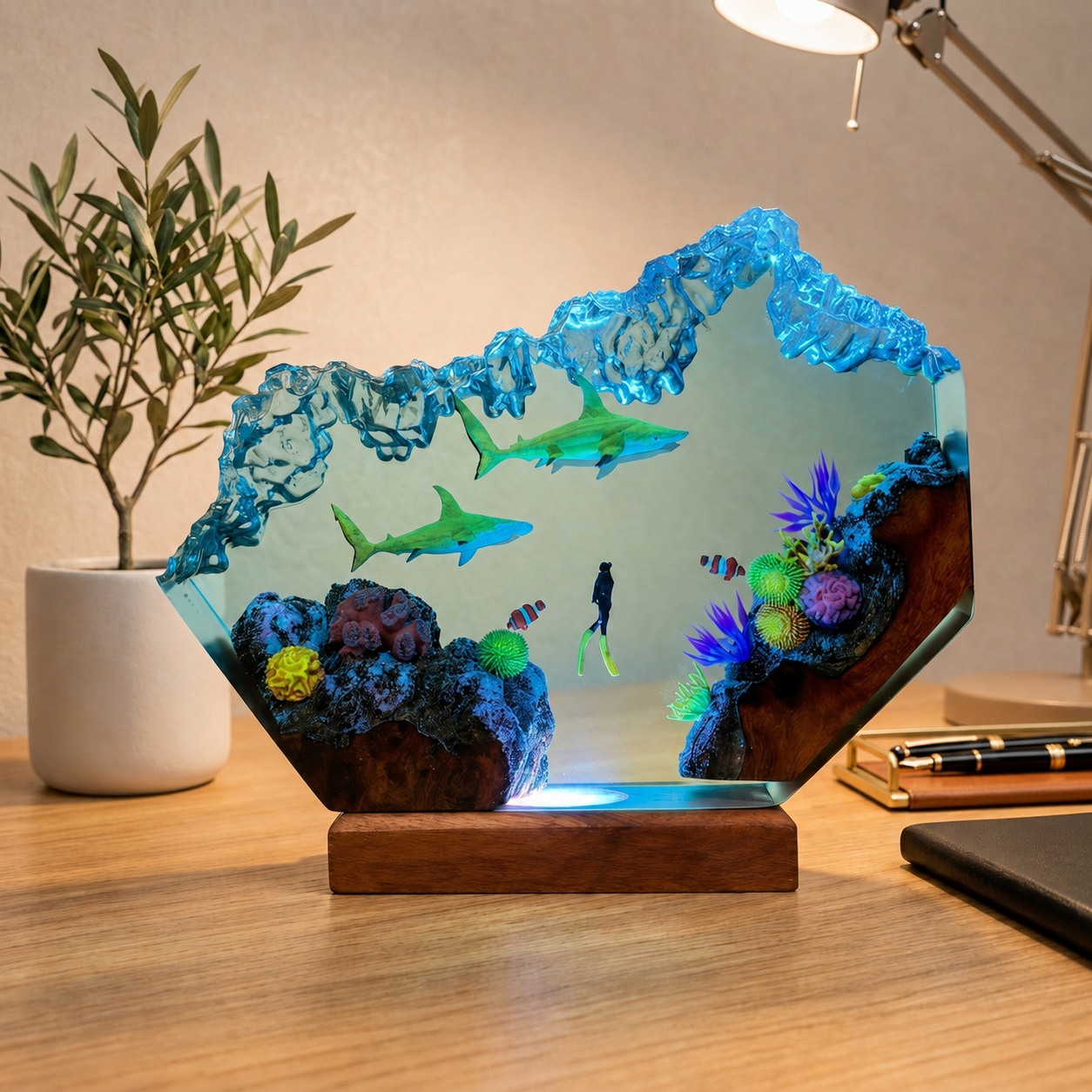 Great White Shark and Diver Night Light – Ocean Lamp