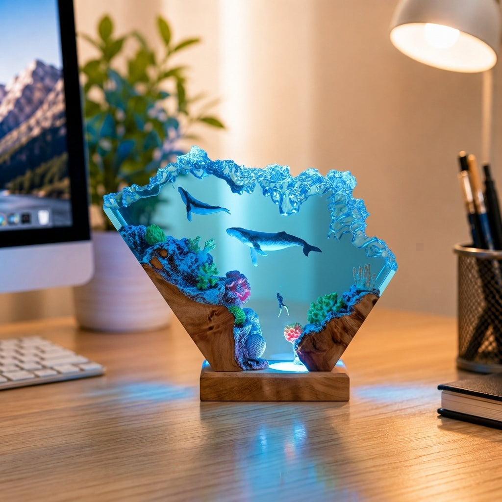 Humpback whale and diver night light