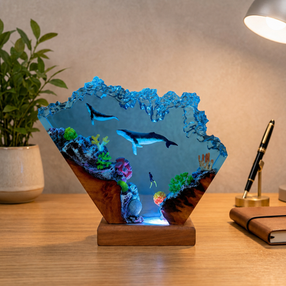 Humpback whale and diver night light
