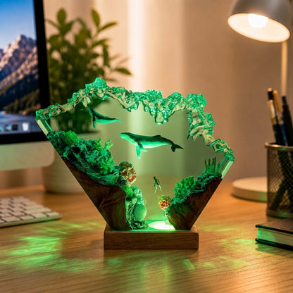 Humpback whale and diver night light