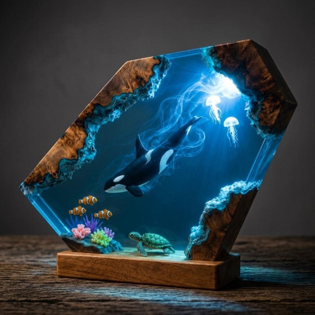 Orca Killer Whale & Jellyfish Geometric Epoxy Resin Night Light
