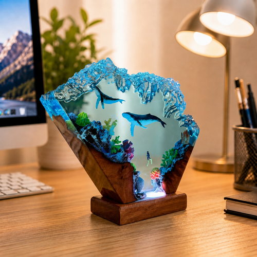 Humpback whale and diver night light