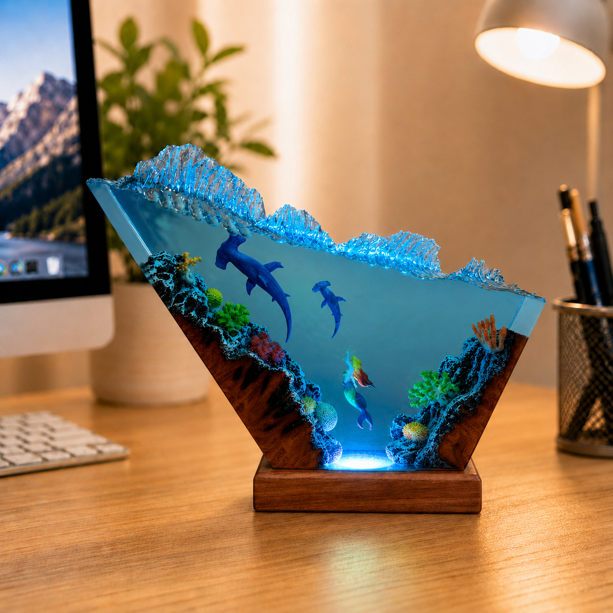 Hammerhead shark and diver night light -  Ocean Lamp