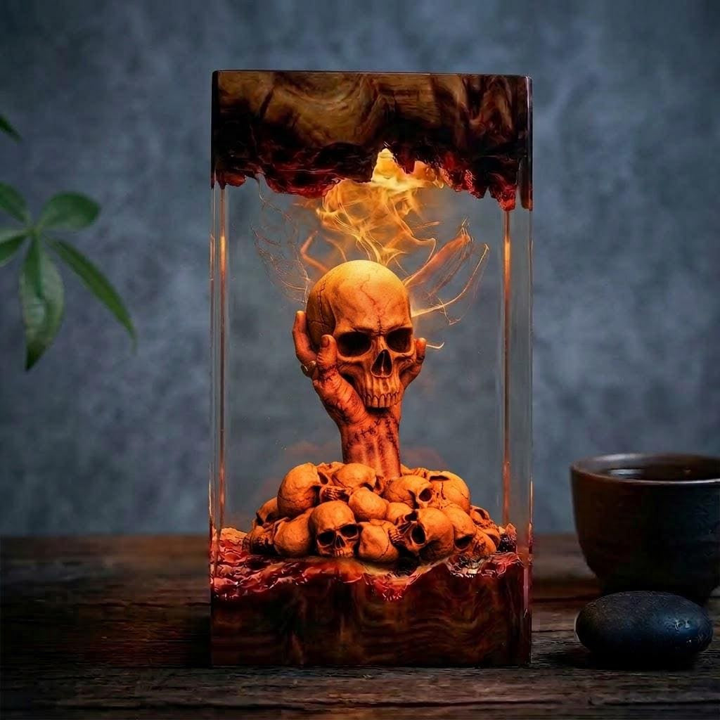 Handmade Hellfire Skull Pile Wood Night Light