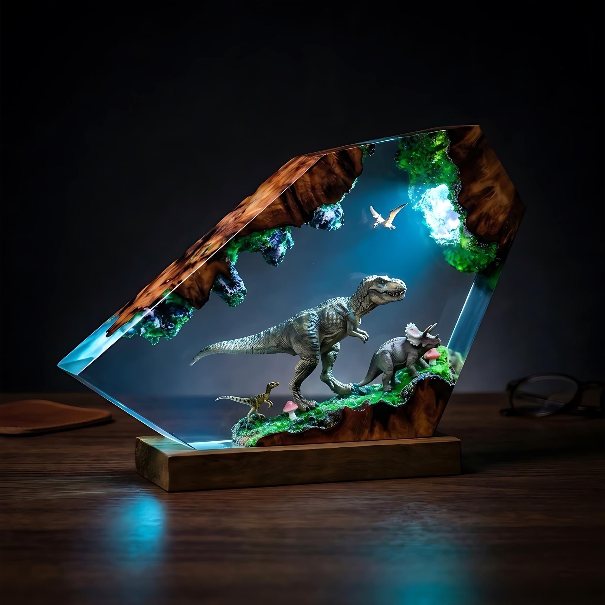 T-Rex & Triceratops Epoxy Resin Night Light | Dinosaur Wood Lamp