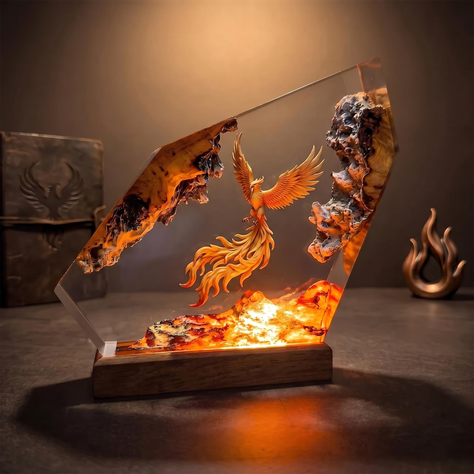 Epic Golden Phoenix Lava Resin Wood Lamp - Unique Fantasy Gift