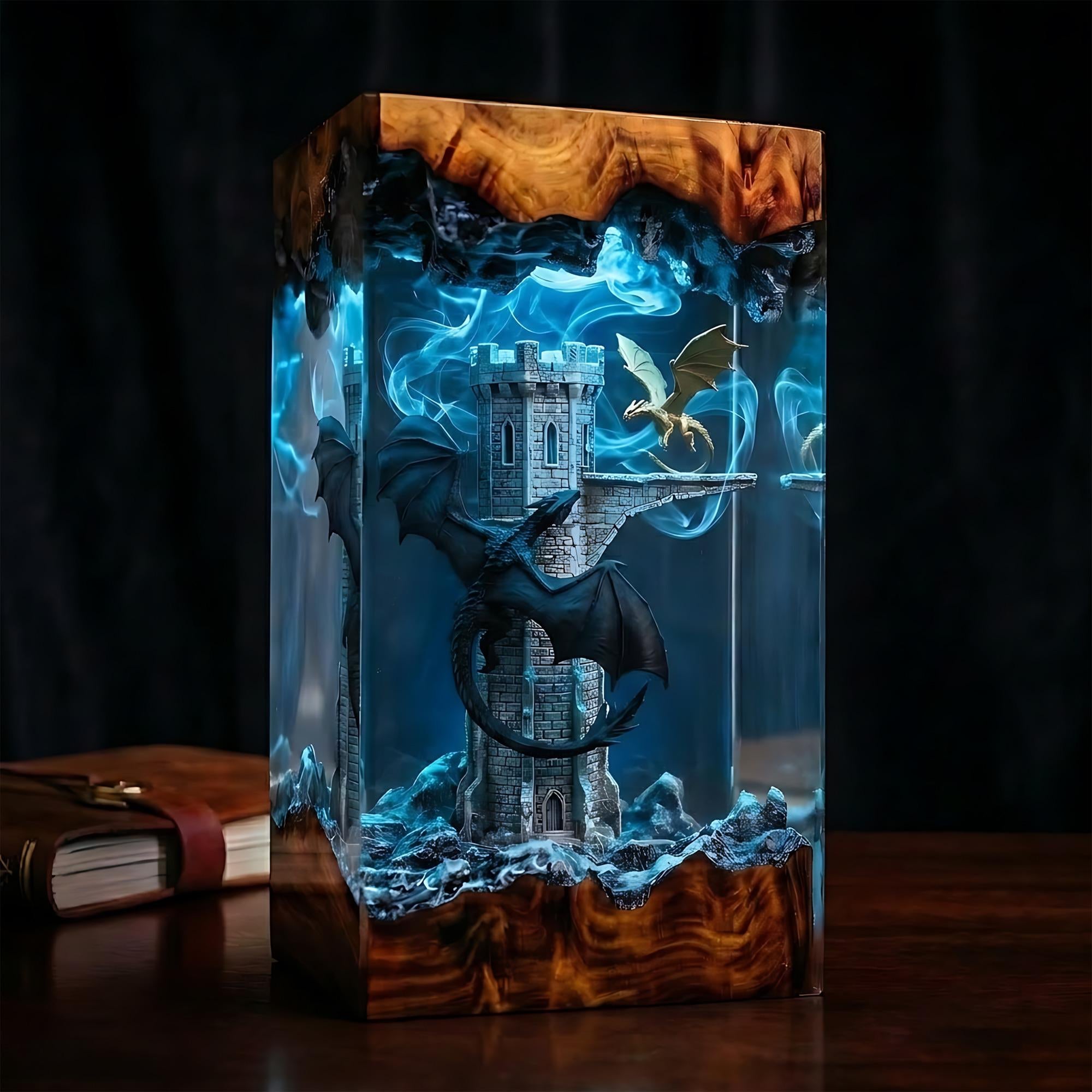 Handmade Dual Dragon Resin Night Light - Gothic Tower Diorama