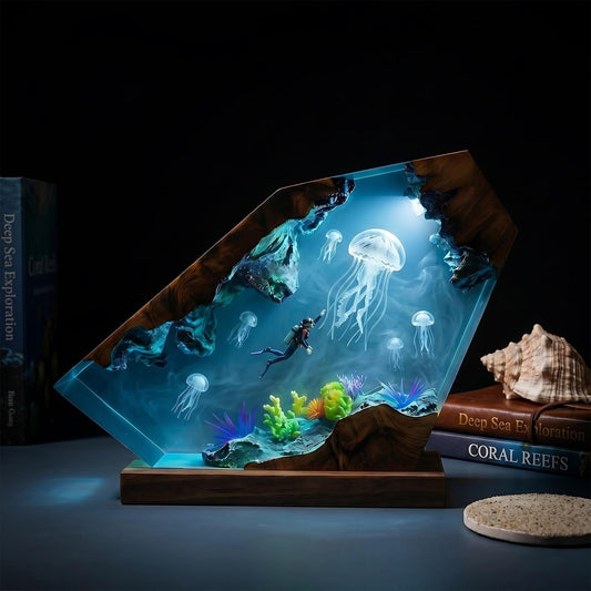 Scuba Diver & Giant Jellyfish Geometric Epoxy Resin Night Light