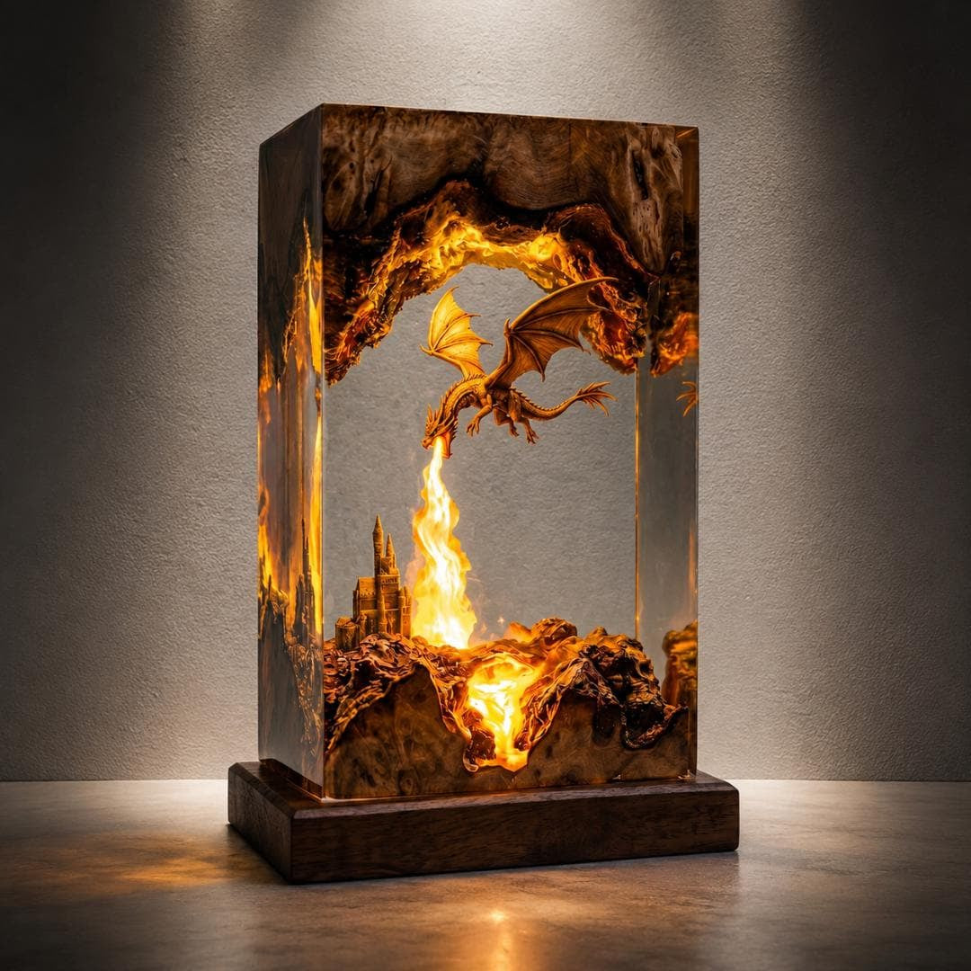 Fire Breathing Golden Dragon & Castle Epoxy Resin Night Light