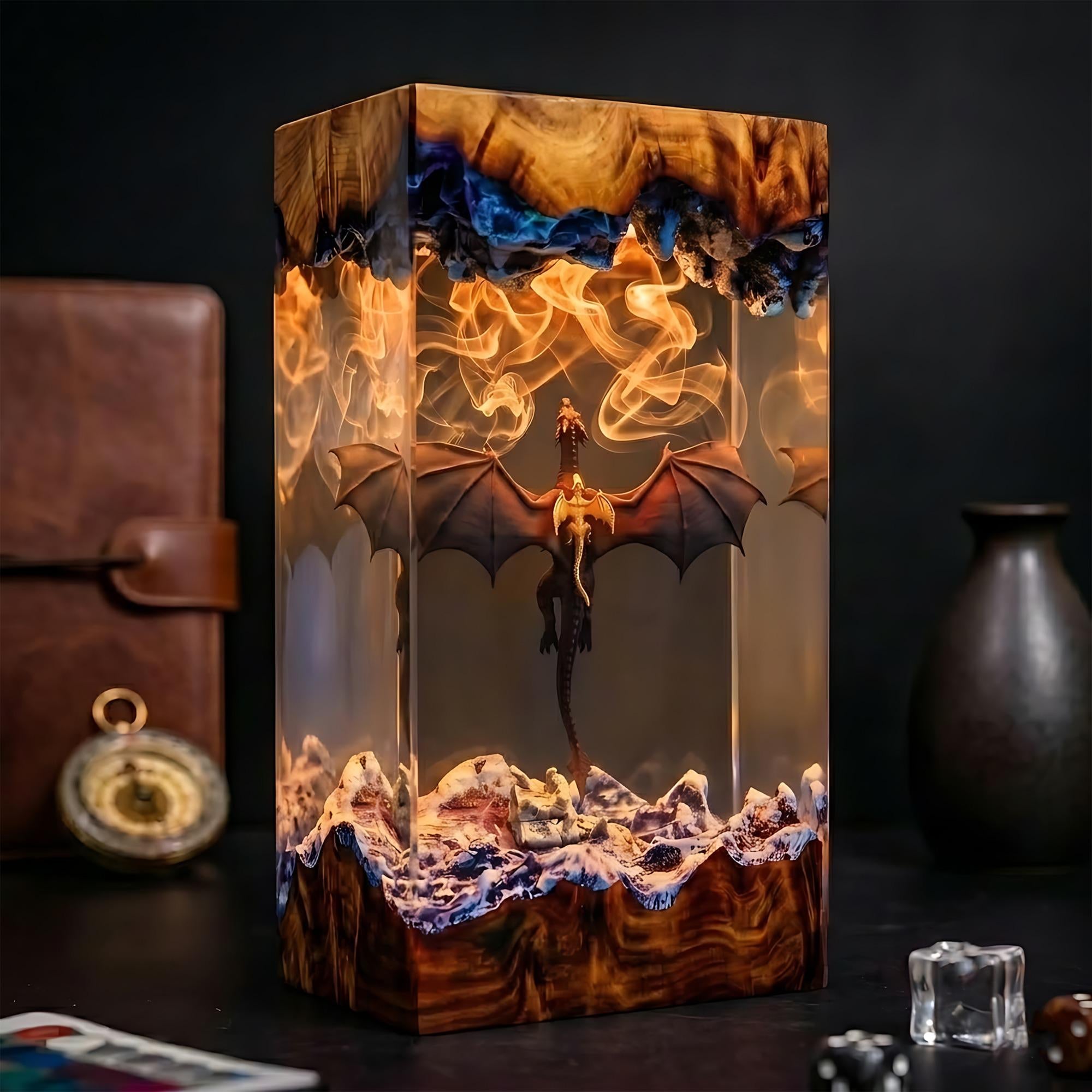 Epic Winged Black Dragon Resin Wood Lamp - Unique Fantasy Gift