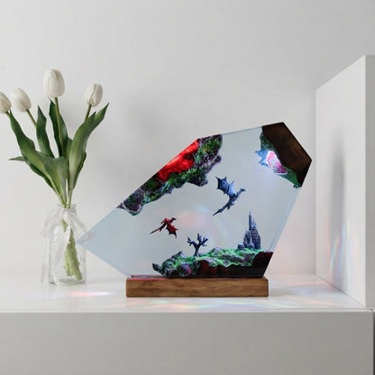 Flying Dragons Over Castle Epoxy Resin Lamp.