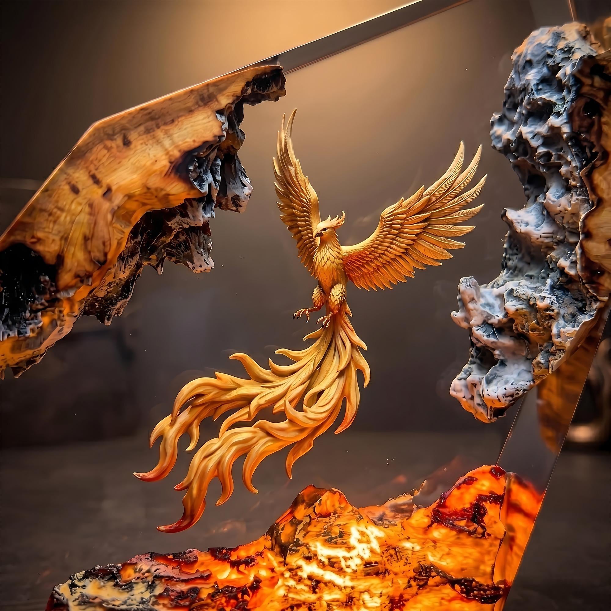 Epic Golden Phoenix Lava Resin Wood Lamp - Unique Fantasy Gift
