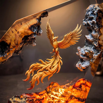 Epic Golden Phoenix Lava Resin Wood Lamp - Unique Fantasy Gift