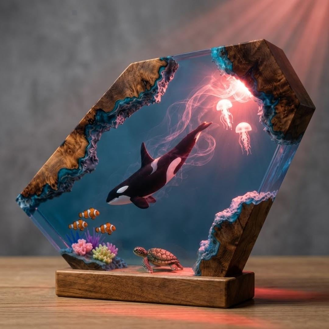 Orca Killer Whale & Jellyfish Geometric Epoxy Resin Night Light