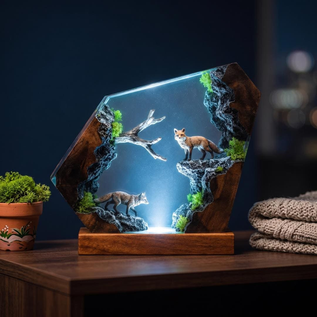 Nature Inspired Fox Resin Wood Lamp - Unique Table Centerpiece