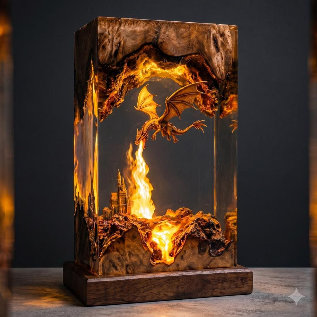 Fire Breathing Golden Dragon & Castle Epoxy Resin Night Light