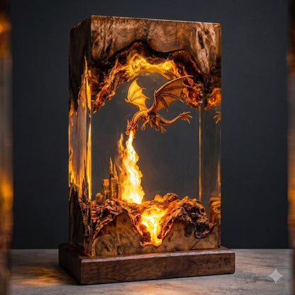 Fire Breathing Golden Dragon & Castle Epoxy Resin Night Light