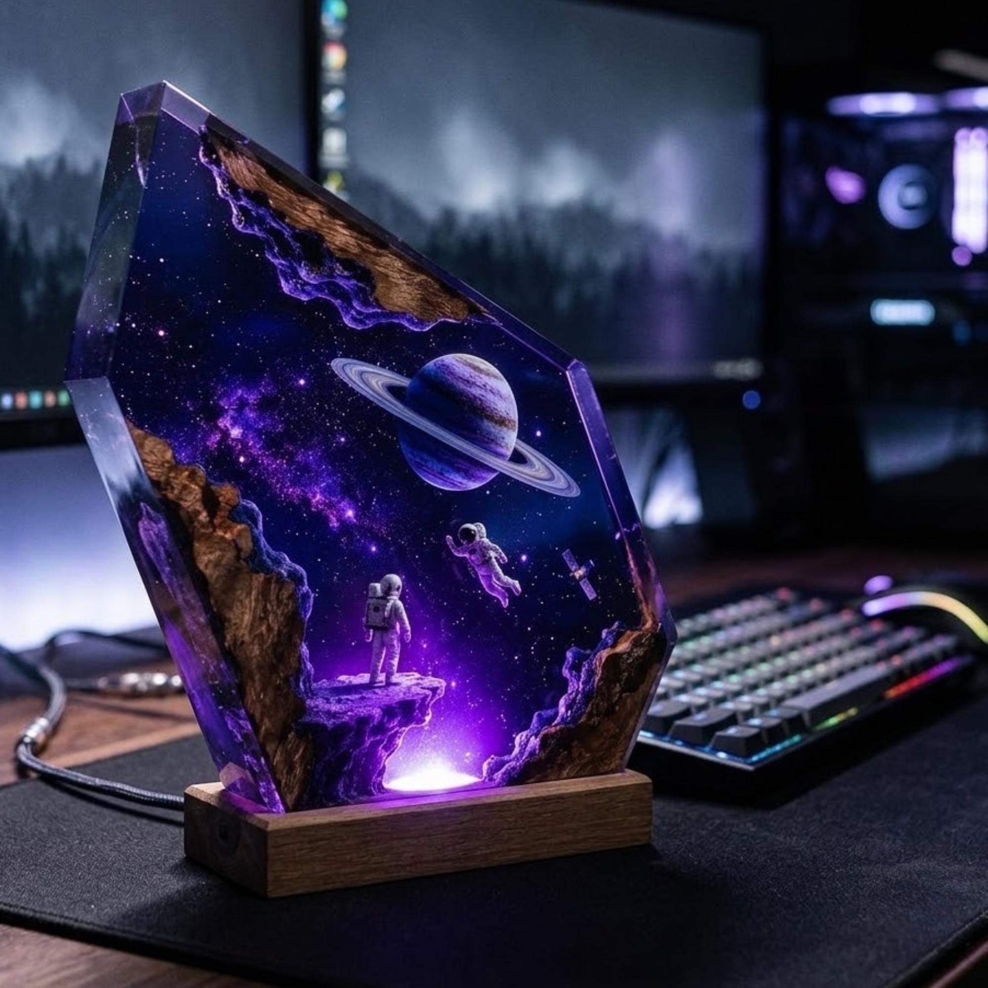 Astronaut & Saturn Planet Geometric Epoxy Resin Night Light