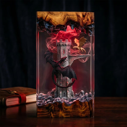 Handmade Dual Dragon Resin Night Light - Gothic Tower Diorama
