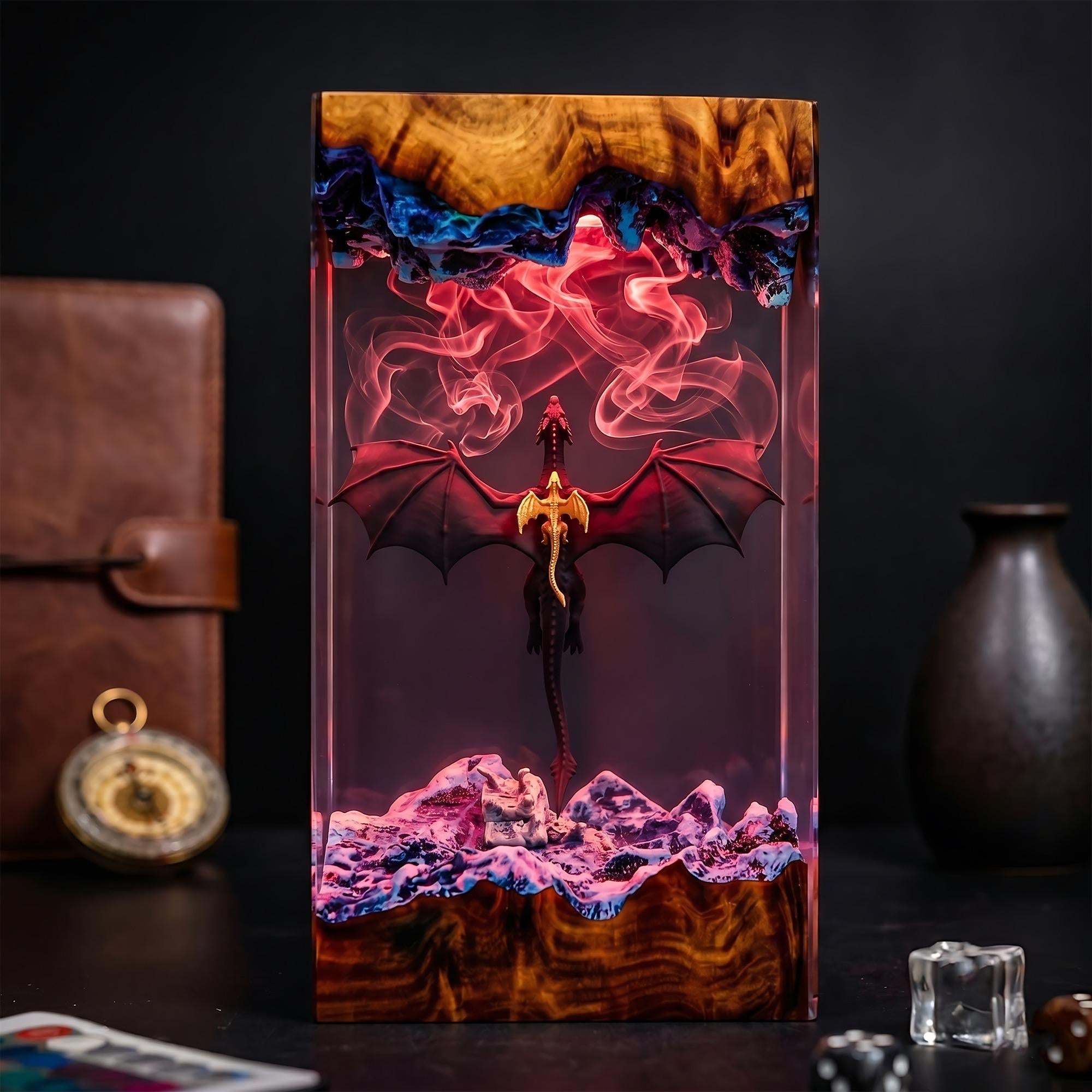 Epic Winged Black Dragon Resin Wood Lamp - Unique Fantasy Gift