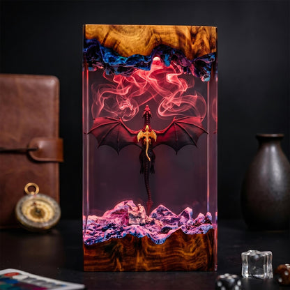 Epic Winged Black Dragon Resin Wood Lamp - Unique Fantasy Gift