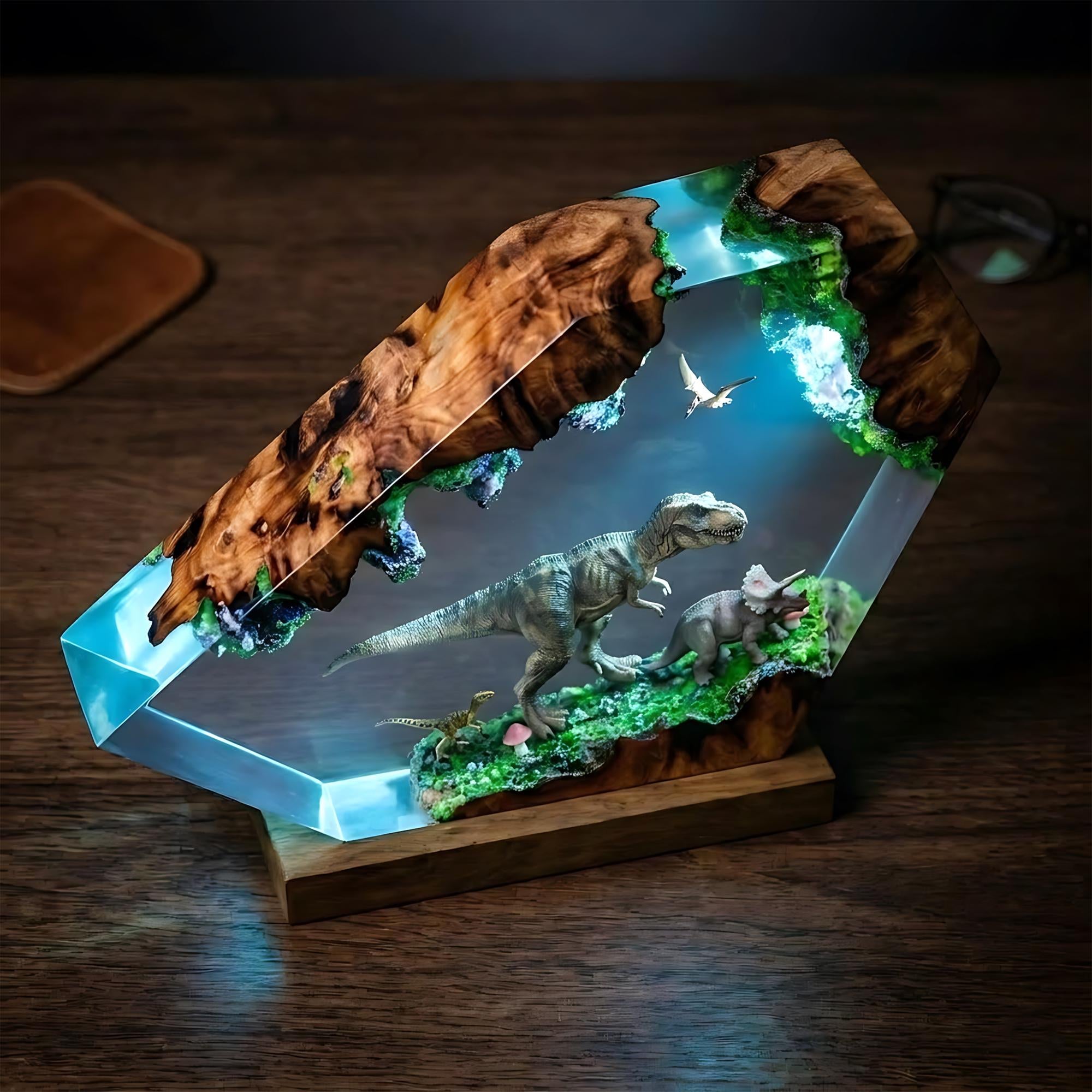 T-Rex & Triceratops Epoxy Resin Night Light | Dinosaur Wood Lamp