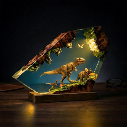 T-Rex & Triceratops Epoxy Resin Night Light | Dinosaur Wood Lamp