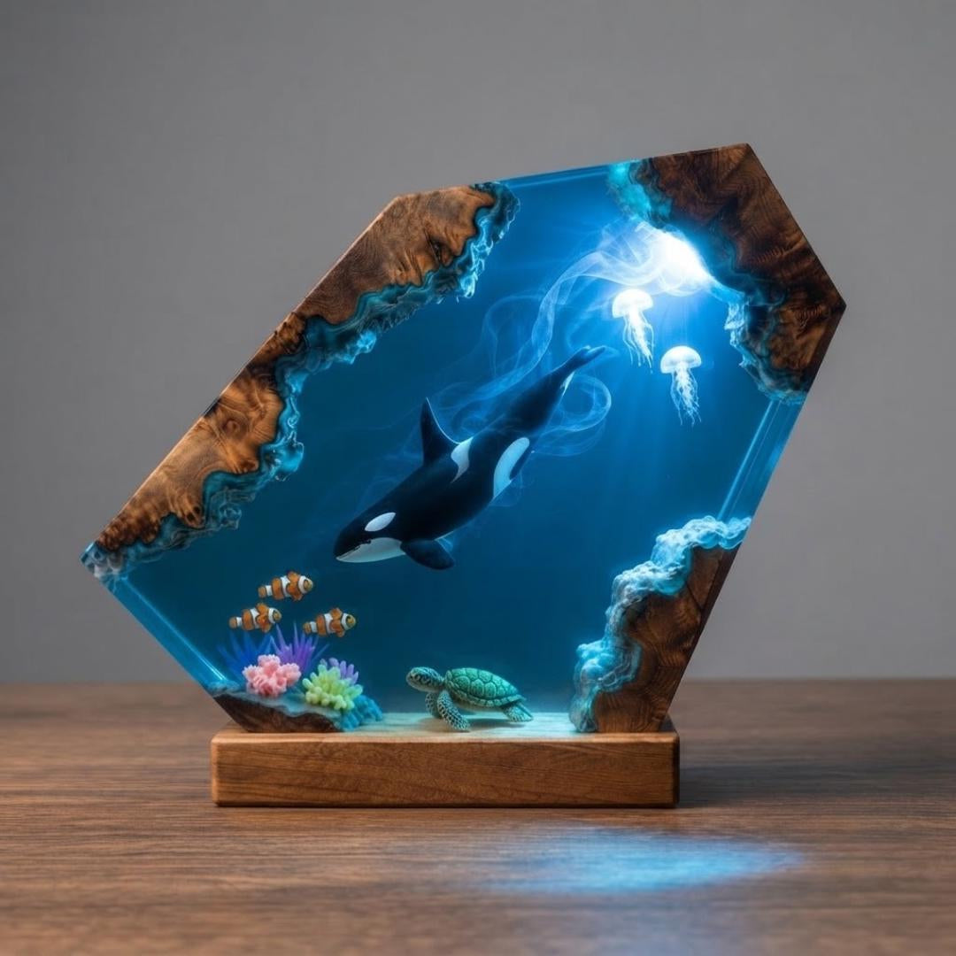 Orca Killer Whale & Jellyfish Geometric Epoxy Resin Night Light