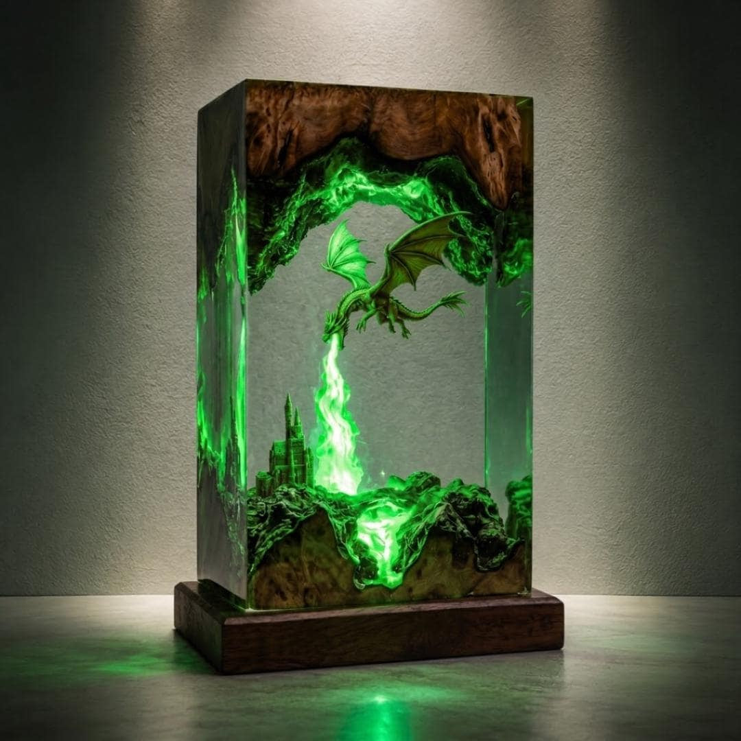 Fire Breathing Golden Dragon & Castle Epoxy Resin Night Light