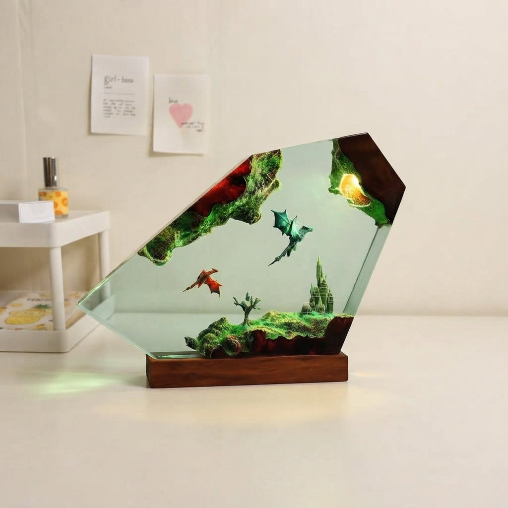 Flying Dragons Over Castle Epoxy Resin Lamp.