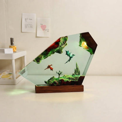 Flying Dragons Over Castle Epoxy Resin Lamp.