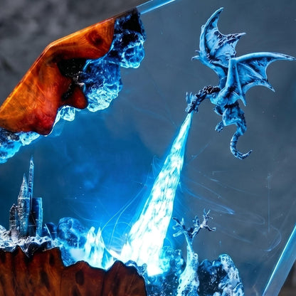 Handmade Ice Dragon Resin Night Light - Fantasy Castle Diorama