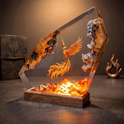 Epic Golden Phoenix Lava Resin Wood Lamp - Unique Fantasy Gift