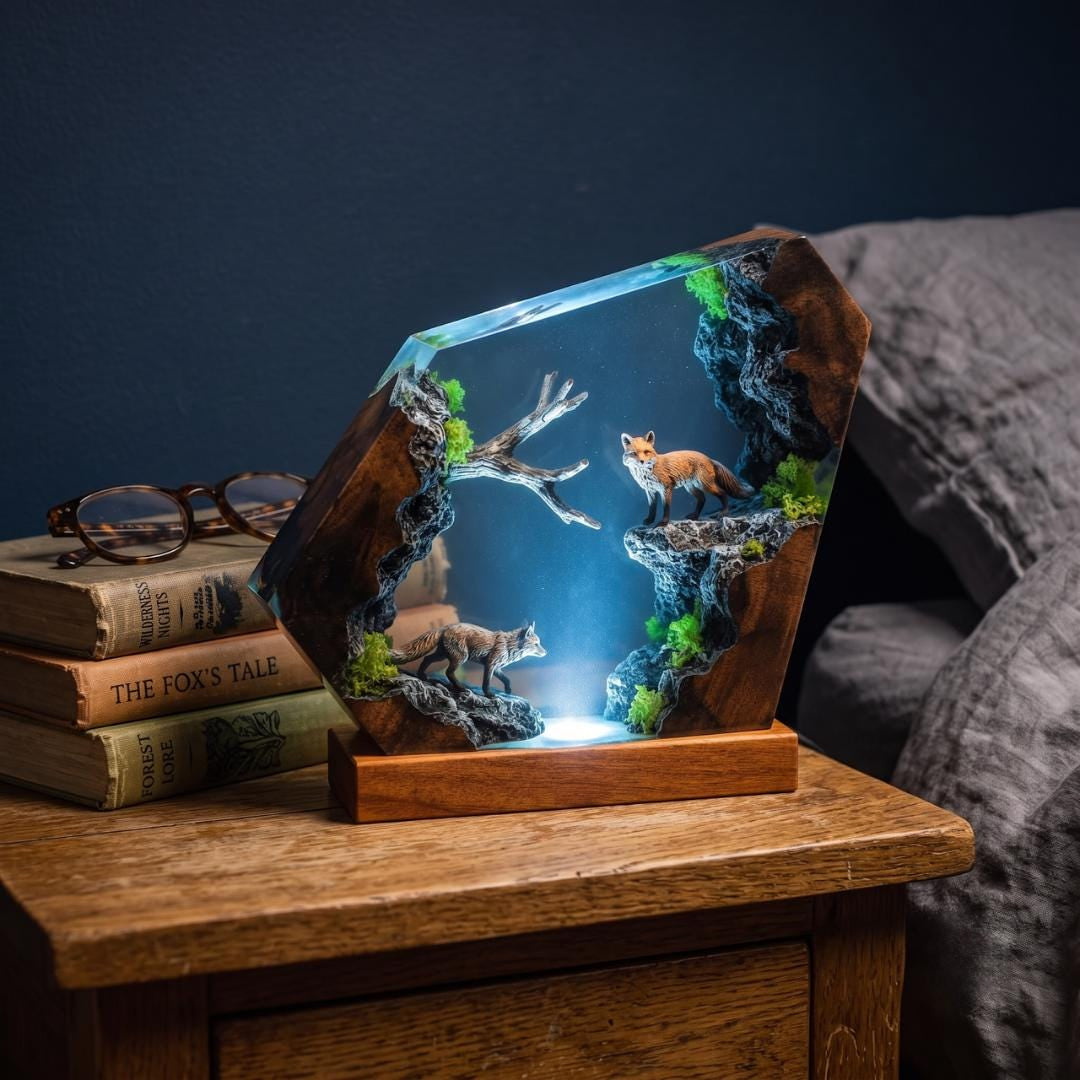 Nature Inspired Fox Resin Wood Lamp - Unique Table Centerpiece