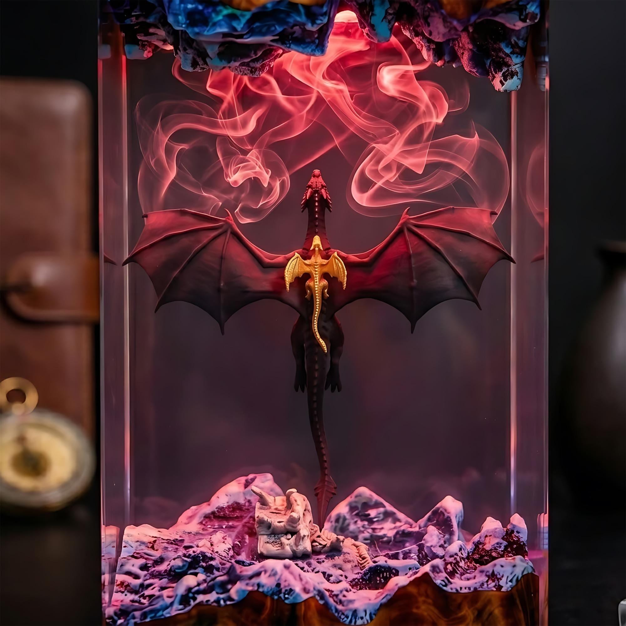 Epic Winged Black Dragon Resin Wood Lamp - Unique Fantasy Gift
