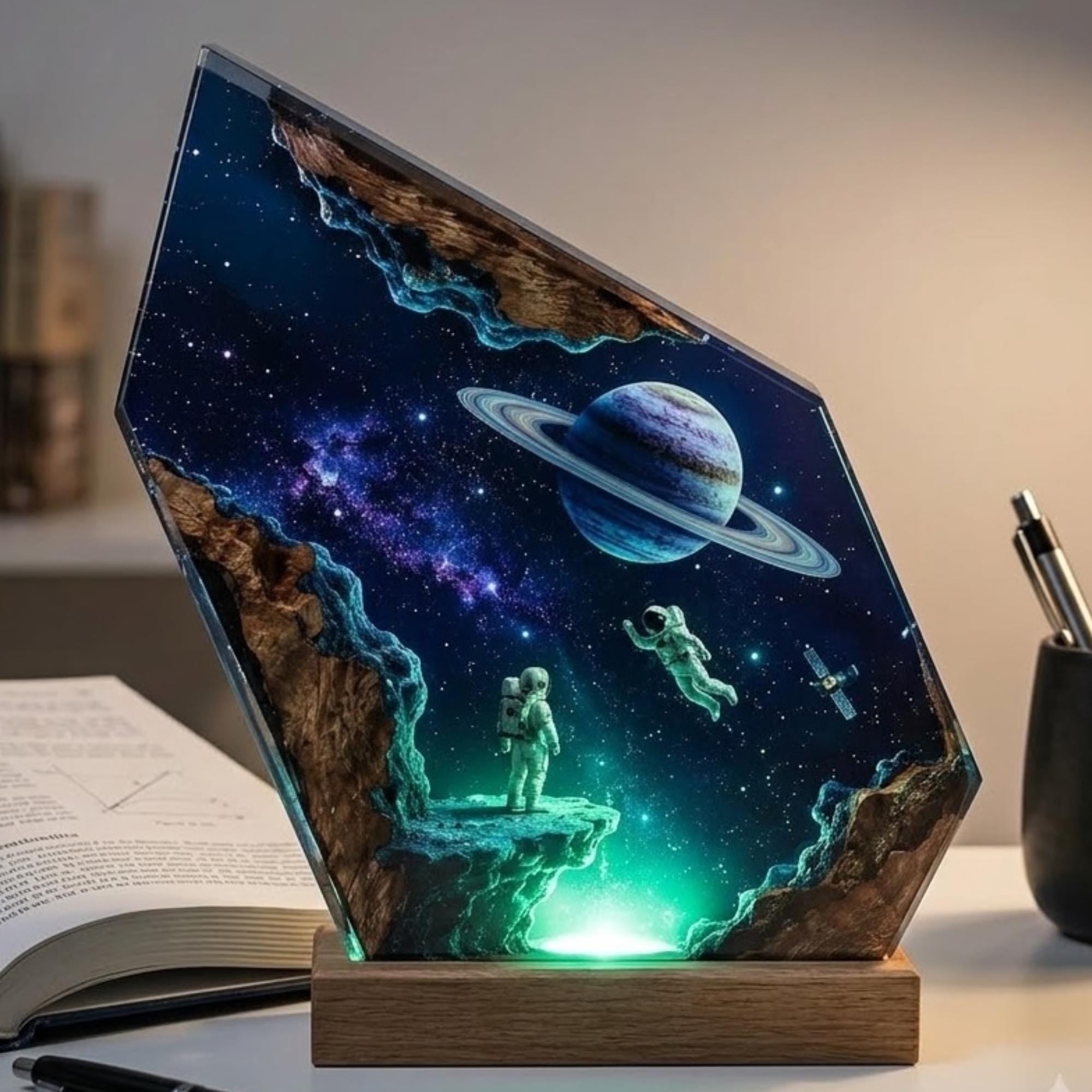 Astronaut & Saturn Planet Geometric Epoxy Resin Night Light