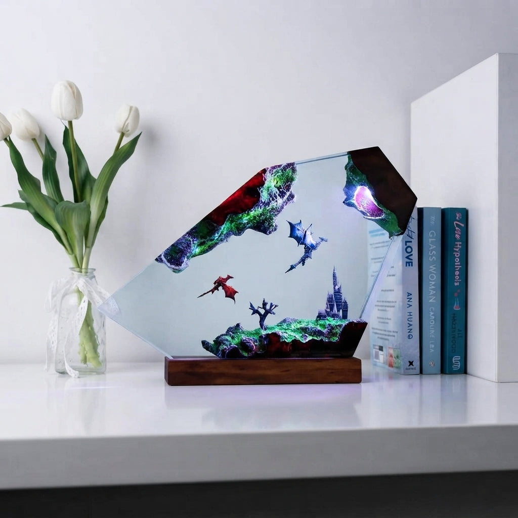 Flying Dragons Over Castle Epoxy Resin Lamp.