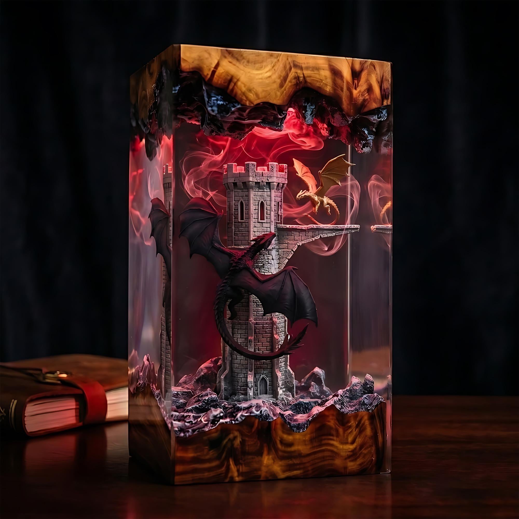 Handmade Dual Dragon Resin Night Light - Gothic Tower Diorama